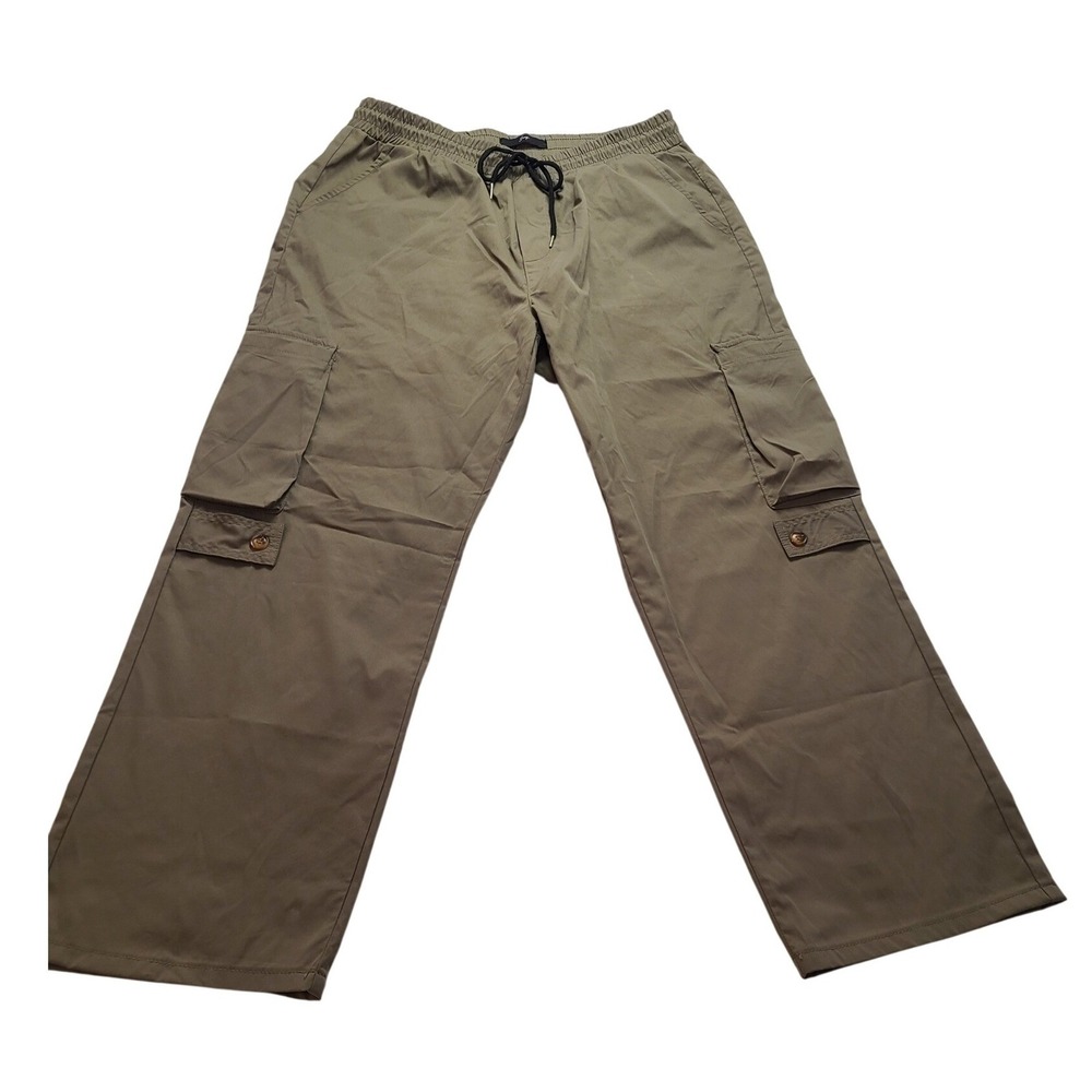Juny Cargo Pants Men's 32x30 Olive Green Elastic‎ Waist Drawstring Straight Leg